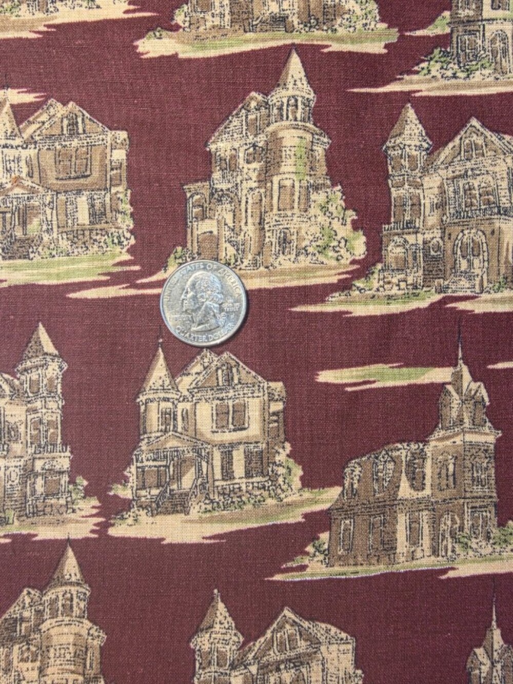 Burgundy Beechwood Patchwork Victorian Doll Houses Cotton Fabric by Fabri Quilt